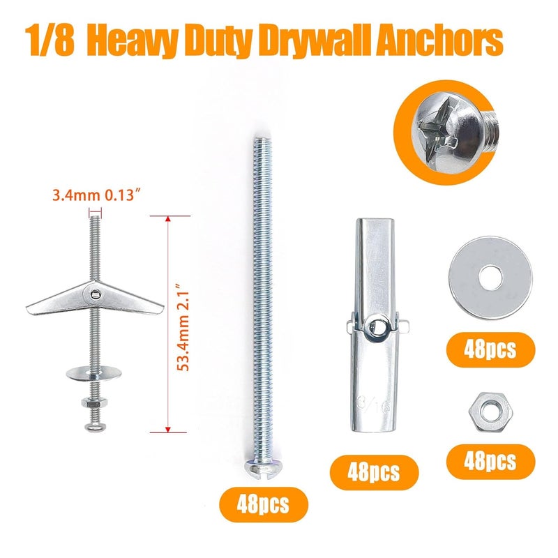 weideer 192Pcs Toggle Bolts 1/8" Heavy Duty Drywall Anchors and Screws Assortment Set Toggle Bolts and Wing Nut Kit with Nuts washers (48sets) - Image 2